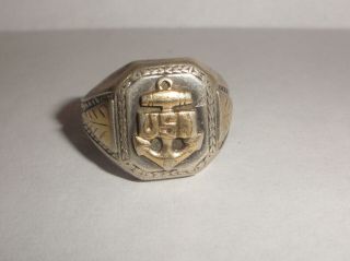 Vintage Usn Wwii Era Sterling Silver And 10k Ring Us Navy Size 10.  75
