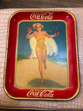 Vtg 1937 Coke Coca Cola Metal Tray Women Bathing Suit Advertising Vg