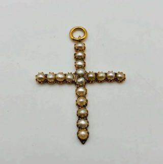 Victorian Era Solid 14k Yellow Gold And Pearl Cross Pendant Large