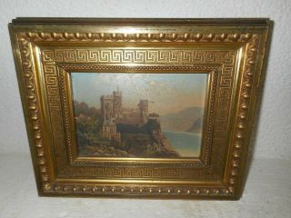 Very Old Oil Painting,  { Castle In The Mountains,  Great Frame }.  Is Antique