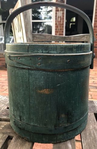 Antique Primitive Old Hand Paint Green 13” Wooden Firkin Wood Pail Bucket