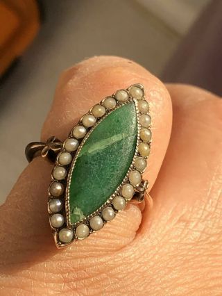 Antique 18k Gold Split Pearl Diamond Shape Green Jade Ring - Uk Size H