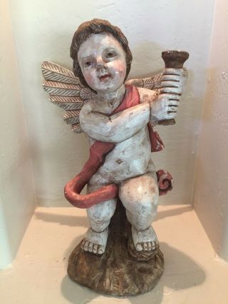 Santos Vintage Style Hand Painted And Carved Wood Angel Cherub W/ Wings 17 " Tall