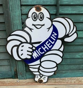 Old 1954 Michelin Man Tires Porcelain Service Station Sign Goodyear Die - Cut