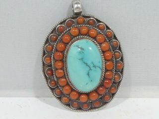 Vintage Southwestern Style Natural Coral And Turquoise Sterling Silver Pendant