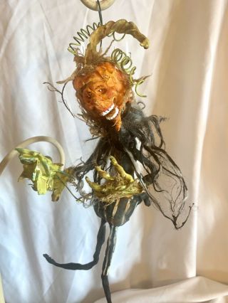 Handsculpted Primitive Mossy Halloween Creepy Punkin Guy & Veggies Lantern 8”