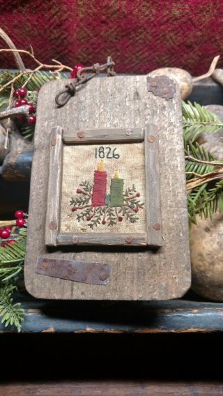 Early Inspired Primitive Handstitched Sampler Christmas Candles Greens & Berries