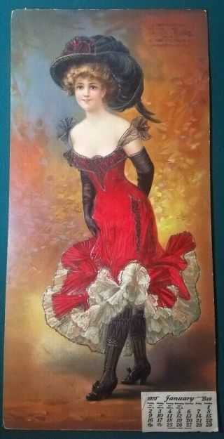 1910 Risque Woman In Red Dress Cancan Dancer ? Embossed Die Cut Calendar