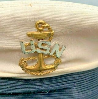 Vintage 1940 ' s WW2 USN U.  S.  Navy CPO White Visor Cap Hat W/ Pinback Badge 7 3/8 2