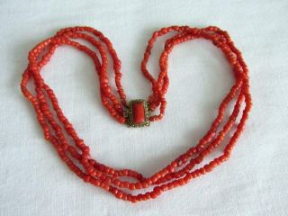 Antique Georgian Victorian Salmon Coral Beads 3 Row Necklace Coral Clasp