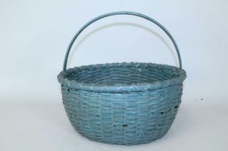 A Rare 19th C Splint Tall Handle Basket In Wonderful Old Grungy Dark Blue Paint