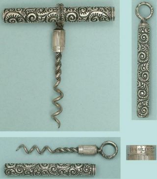 Rare Antique Sterling Silver Pocket Corkscrew In Sheath American Circa 1900