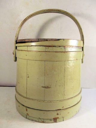 Antique Wooden Sugar Bucket/firkin W/drop Handle & Old Green Paint 9 1/2 " Tall