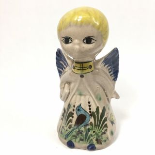 Mexican Folk Art Tonala Pottery Angel Vintage Signed And Numbered W/ Blue Bird