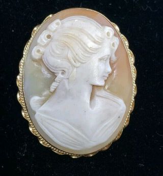 Fine Antique 14k Yellow Gold Carved Cameo Lady Brooch Pin Pendant C