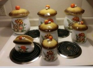 Vintage Merry Mushroom Canister Set Sears & Roebuck Napkin Holder Salt Pepper