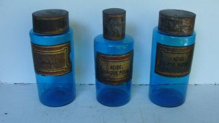 Rare Aquamarine Set 3 Blown Glass 19th C Storage Apothecary Jars W Lids