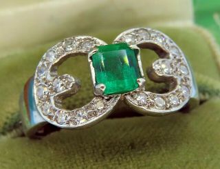 Vintage Palladium Art Deco Antique Colombian Emerald Diamond Cocktail Ring