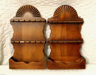 Primitive Antique Carved Wooden Spoon Racks With Sunburst Finials