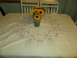 Vintage Floral Embroidery Cut Work Table Cloth Round 66 Inch