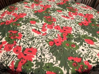 Lovely Vtg Colorful White Green Red Poppy Round Cotton Tablecloth W/fringe 60 "