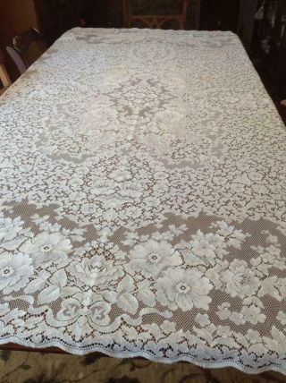 Vintage White Quaker Lace Tablecloth With Scalloped Edging Floral Design 70x85