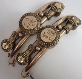 Antique Victorian Etruscan Revival Engraved Gold Filled Bangle Bracelet Pair