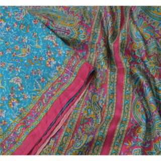 Sanskriti Vintage Blue Saree Pure Silk Printed Sari Craft Decor Soft 5yd Fabric