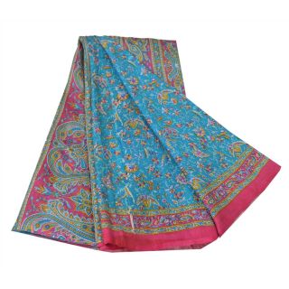 Sanskriti Vintage Blue Saree Pure Silk Printed Sari Craft Decor Soft 5Yd Fabric 2