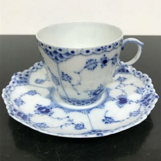 Vtg Royal Copenhagen 1037 Blue Fluted Lace Porcelain Demitasse Tea Cup & Saucer