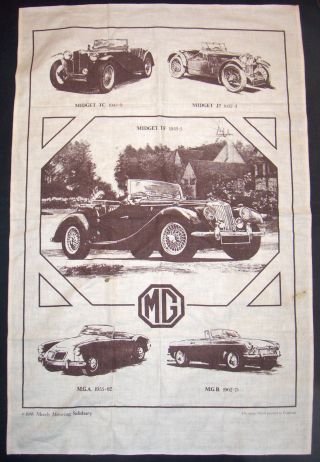 Vintage Cotton Tea Towel England Mg Midget Tf Tc J2 Mga Mgb 1986 Merely Motoring