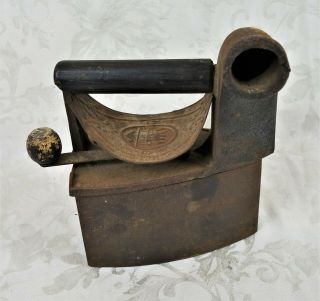 Antique French Cast Iron Mondragon Charcoal Sad Iron 6 - 1/2 Heat Shield Chimney
