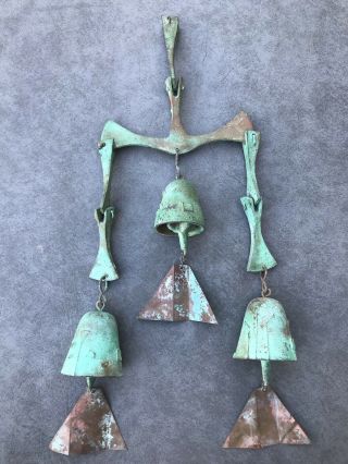 Vtg Arcosanti Paolo Soleri 3 Bell Bronze Wind Chime,  20 ",  Great Patina Pre - Owned