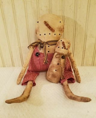Primitive Grungy Sweet Prim Snowman Christmas Doll & His Snow Baby