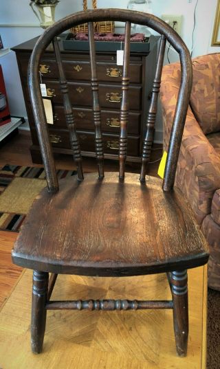 Antique Primitive Wood Oak Bentwood Child Chair Country Turned Spindle Bow Back