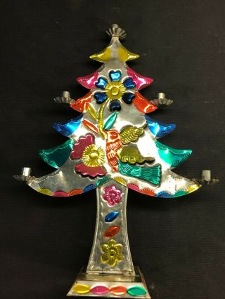 Vintage Mexican Tin Stamped Colored Metal Christmas Tree Candle Holder