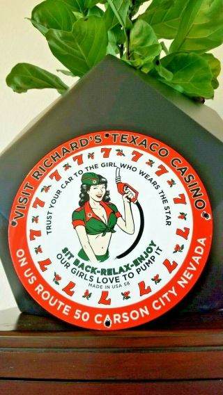 Vintage Texaco Gasoline Porcelain Casino Military Girl Service Pump Plate Sign