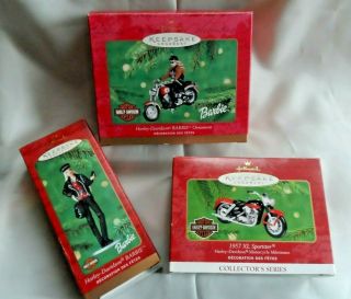 3 Hallmark Ornaments Harley - Davidson Motorcycle & Barbie On Fat Boy