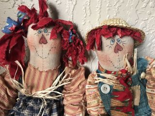 Primitive Scarecrow Raggedy Ann & Andy Dolls Set Folkart Fall Tea Stained