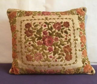 Vintage Decorative Throw Pillow Zippered Cover Velvet Floral Cream Pink & Green