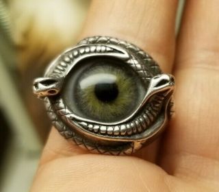 Rare Unique Vintage Glass Eye Snake Serpent Signed Kali Sterling Ring Sz 10.  5