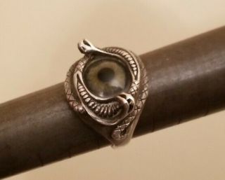 RARE UNIQUE Vintage Glass Eye Snake Serpent Signed KALI Sterling Ring Sz 10.  5 2