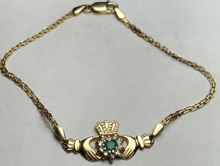 Estate 14k Yellow Gold Emerald & Diamond Claddagh Bracelet - 7 1/4 " Irish Made