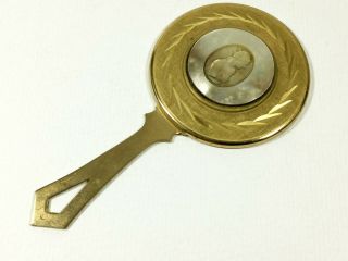 Vintage French Brass And Carved Mother Of Pearl Hand Mirror