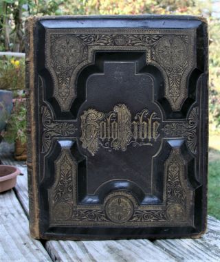 Huge Antique Family Bible Tooled Leather Covers Illustrated
