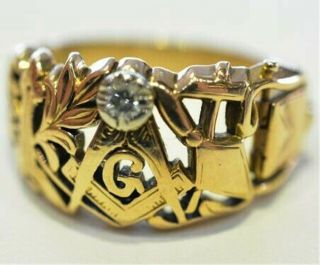 14k Gold W/diamond Artcarved Filigree Masonic Ring W/secret Compartment Sz 9.  25