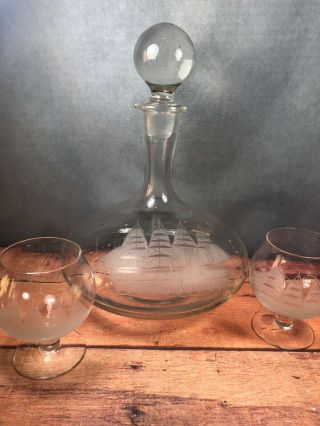 Vintage Toscany Etched Glass Clipper Ship Brandy Decanter & 2 Snifters 4d