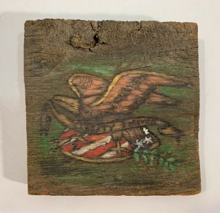 Old American Folk Art Eagle With Shield Painting On Wood