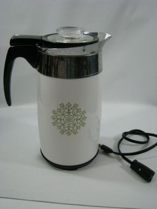 Vintage Corning 10 Cup Electric Coffee Pot Percolator Green Medallion W Trivet