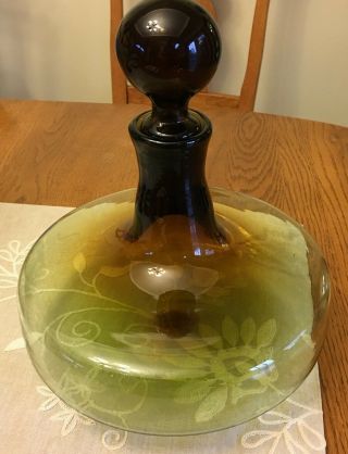 Vintage Hand Blown Glass Decanter With Large Glass Stopper In Green And Brown